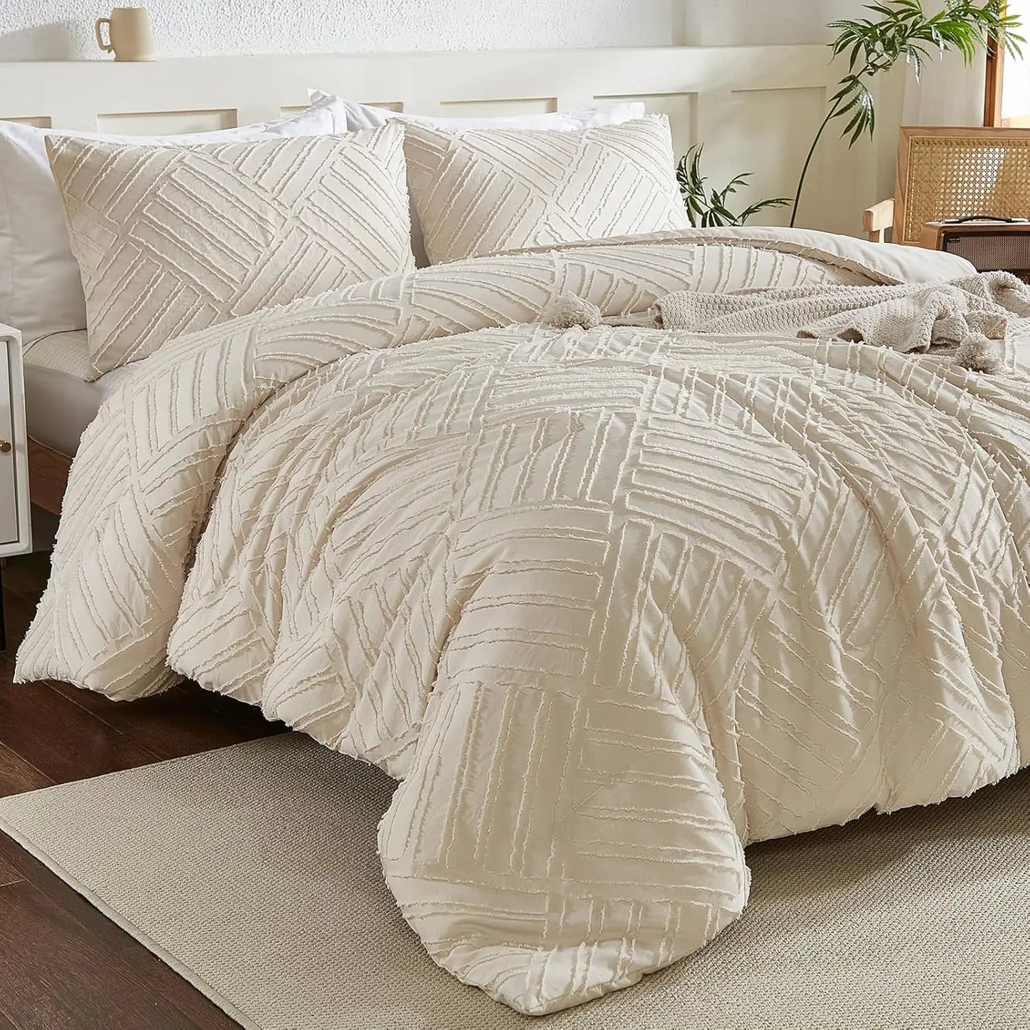 King Size, Cream 3 Piece Soft Farmhouse Comforter Set