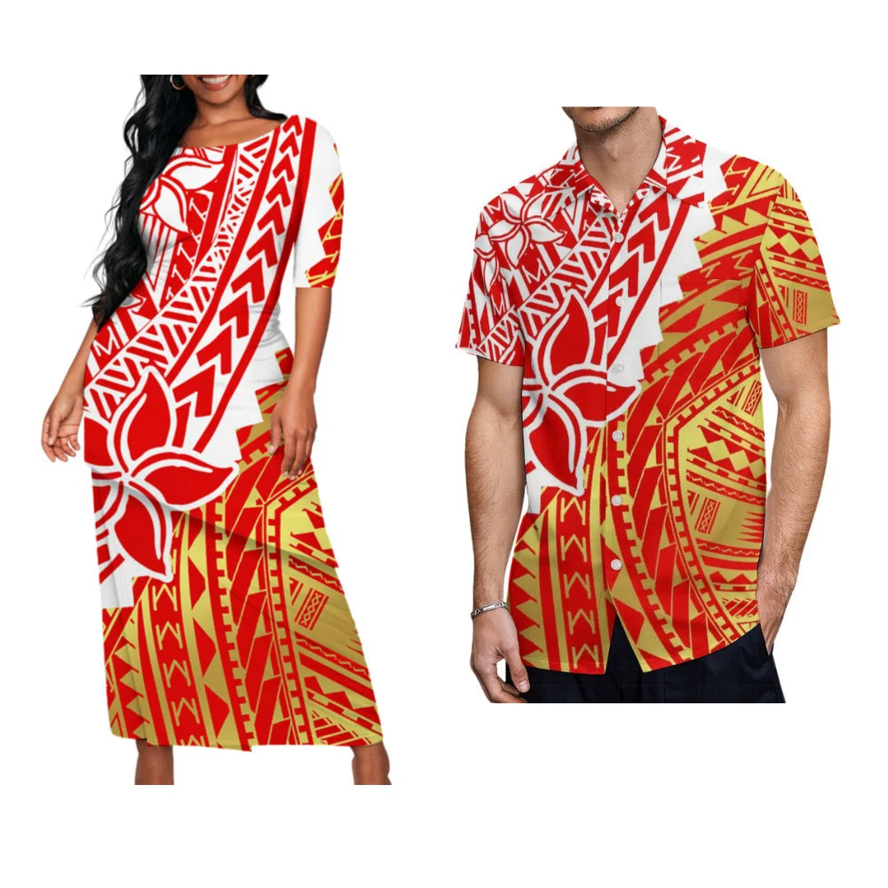 Ladies Puletasi Custom Matching Men's Shirt Samoa Vintage Maxi Dress Set