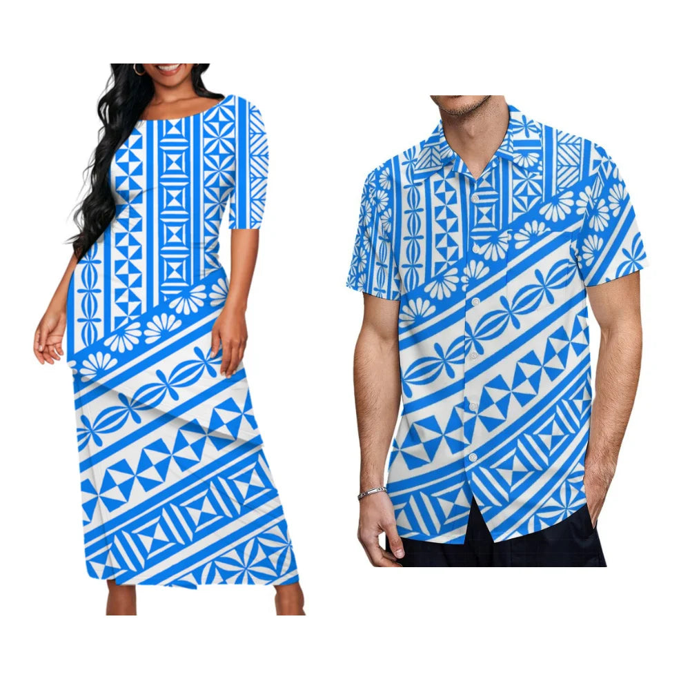 Couple Matching Suit women Long Dress and Men's Hawaiian Shirt