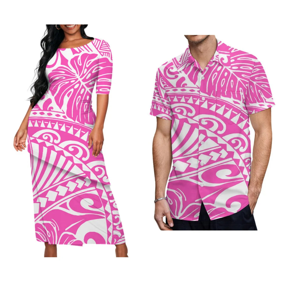 Ladies Puletasi Custom Matching Men's Shirt Samoa Vintage Maxi Dress Set