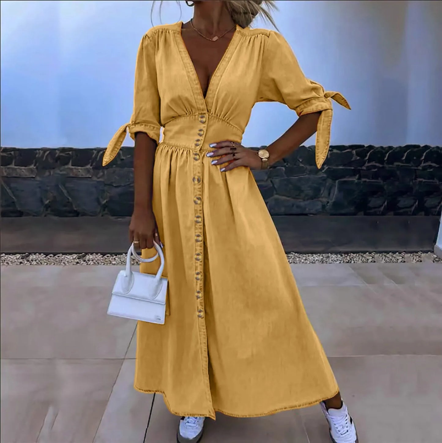 Women's  Yellow V-neck Short sleeve Casual Dresses