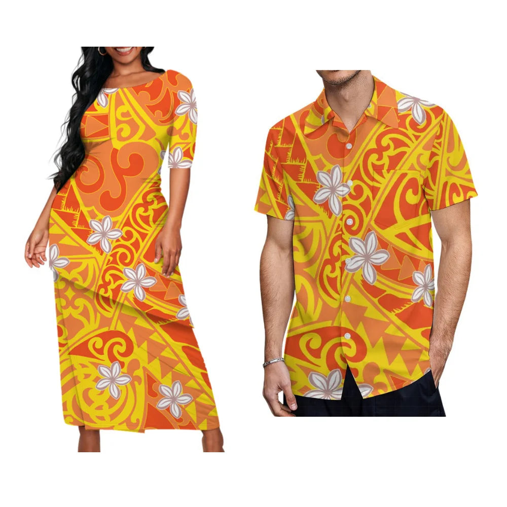 Couple Matching Suit women Long Dress and Men's Hawaiian Shirt