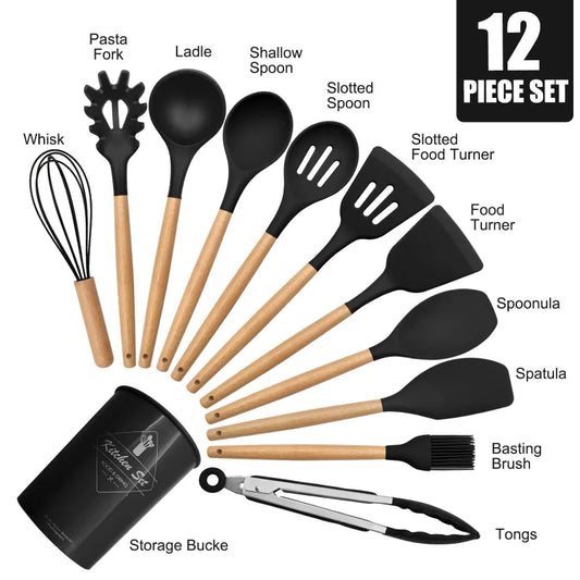 12 Silicone Kitchen Utensils With Solid Wood Handles and a Holder Bucket
