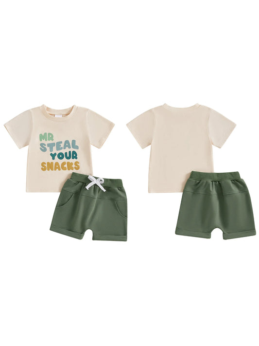 Boy Summer Outfit Set with  T-shirt and Elastic Waist Shorts Set