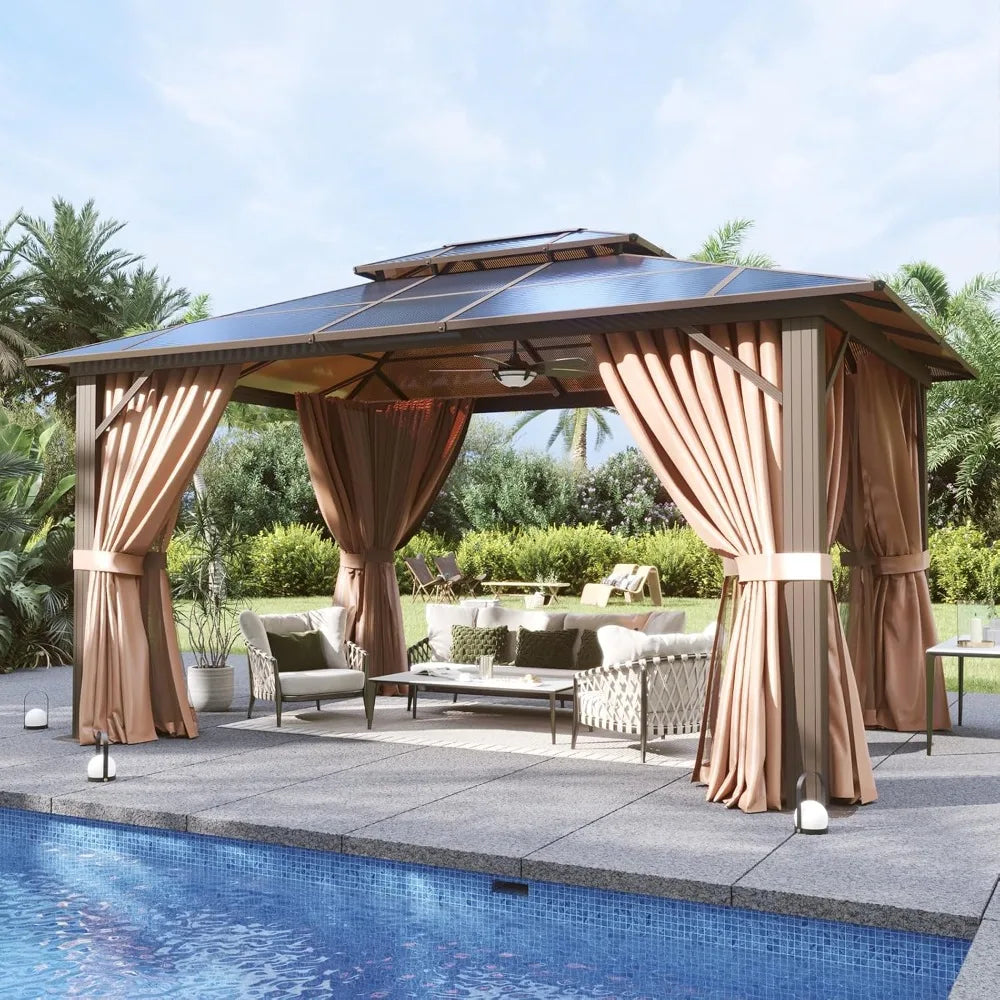 10'x12' Hardtop  Aluminum Frame Permanent Pavilion with Curtains and Netting, Outdoor  Gazebo