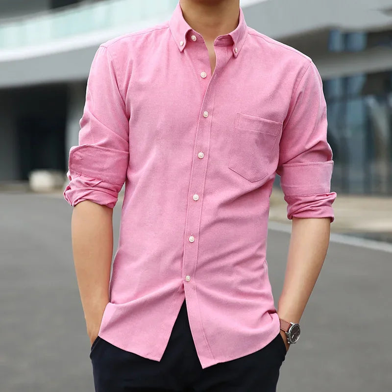 Men's solid color long-sleeve plain shirt single pocket top soft slim fit formal clothes