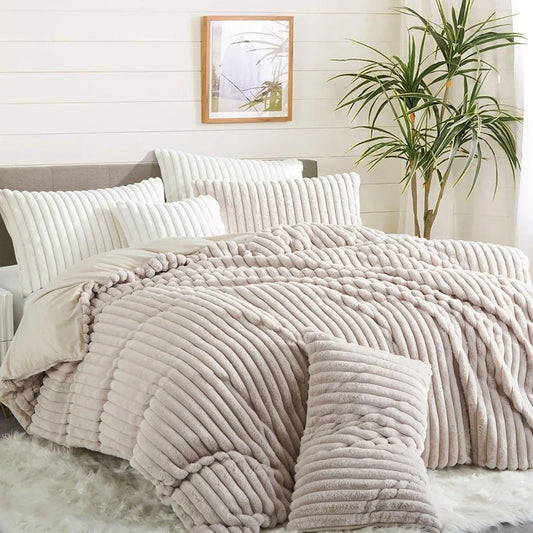 3PCS  Queen Size Velvet Flannel Beige Striped Reversible Comforter  Set
