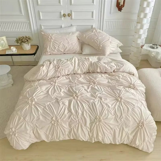 Elegant  Twist Flowers King Size Bedding Set - 220x240 Double Cover with  Pleated Crafts