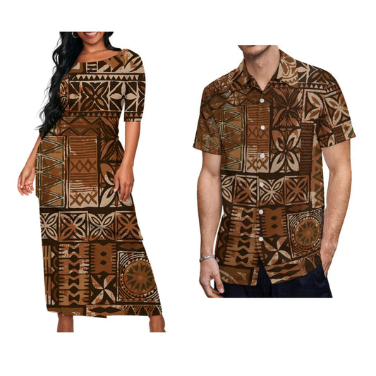 Ladies Puletasi Custom Matching  Men's  Shirt Samoa Vintage  Maxi Dress Set