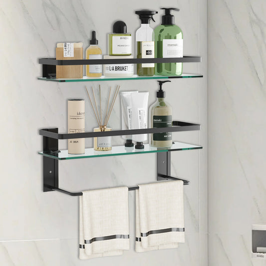 2- Tier Glass Bathroom Shelf with Towel Bar  Rustproof Metal  Wall Organizer