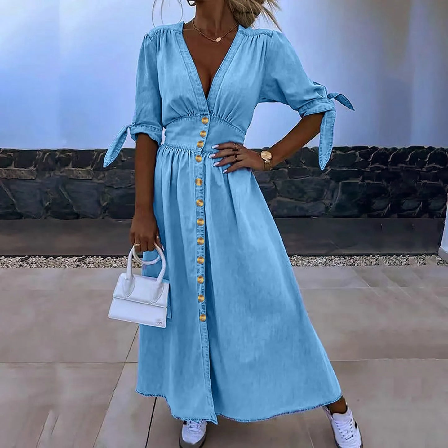Women's  Yellow V-neck Short sleeve Casual Dresses