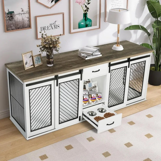 Extra Large Dog Crate Furniture, 85" Sliding Door Double Kennel for 2 Large Dogs Divided
