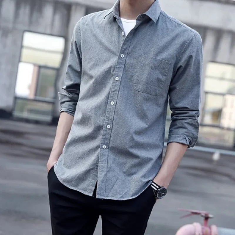 Men's solid color long-sleeve plain shirt single pocket top soft slim fit formal clothes