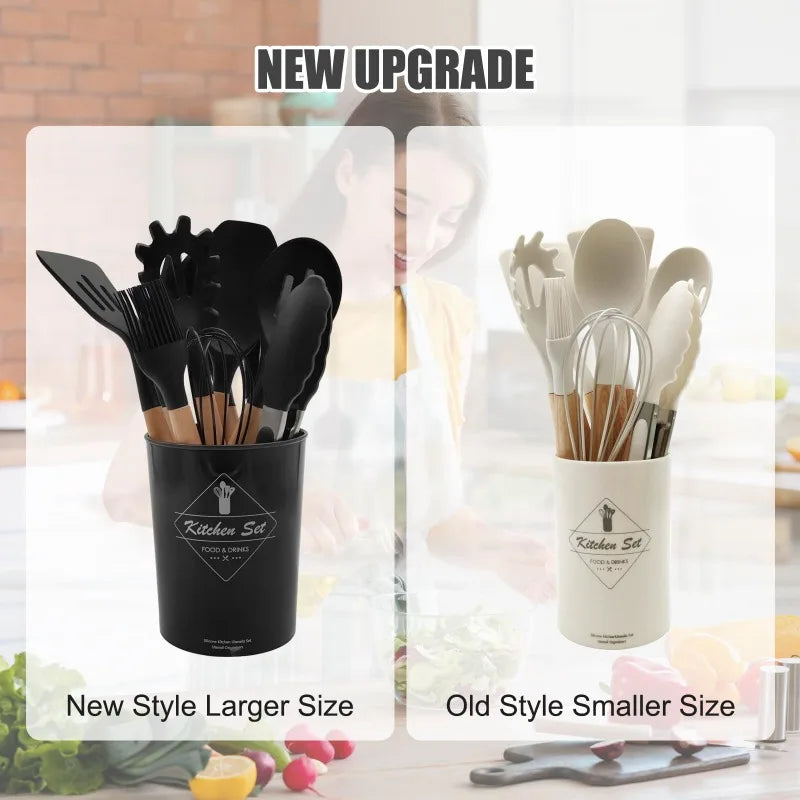 12 Silicone Kitchen Utensils With Solid Wood Handles and a Holder Bucket