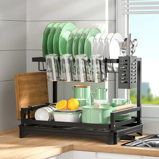 1pc,2 Tier, Dish  Rack, Cutlery With Drain Tray And Drip Line, Countertop Storage Rack, Kitchen Accessories
