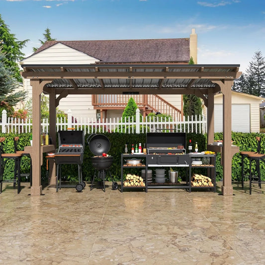 6'x13' BBQ Grill Shelter with Galvanized Steel Roof, Cedar Frame, Patio  Backyard, Garden, Gazebos