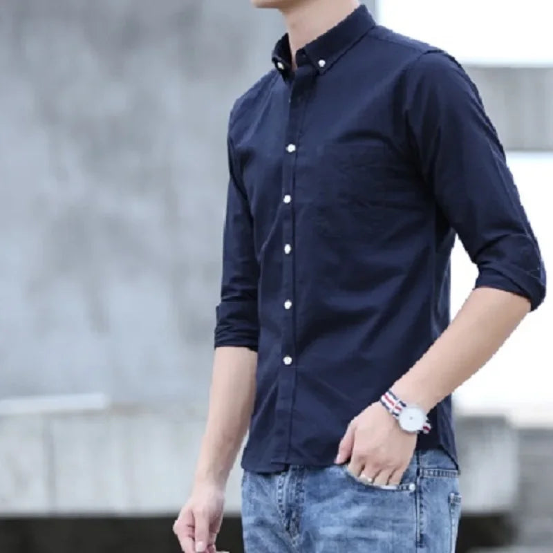 Men's solid color long-sleeve plain shirt single pocket top soft slim fit formal clothes